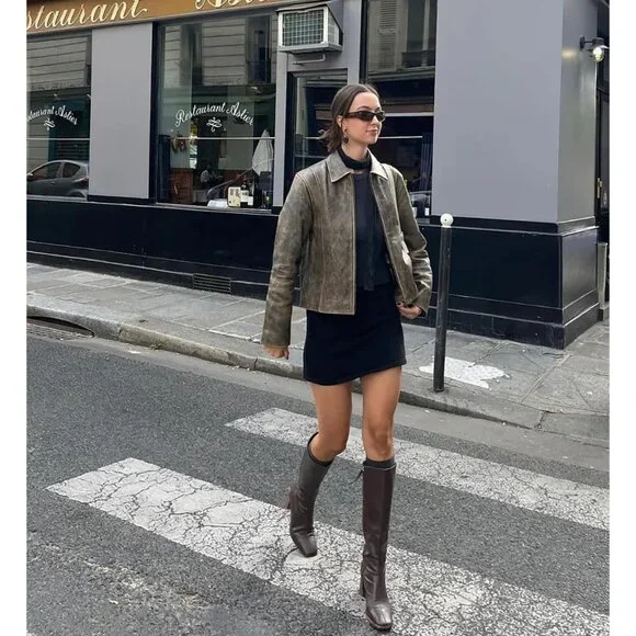 Women's Brown Faux Leather Chunky High Heel Tall Boot Fashion Square Toe - Picture 2 of 6